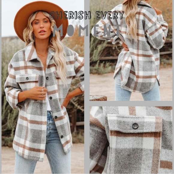 New Thick woolen plaid flannel button down jacket - Picture 2 of 6